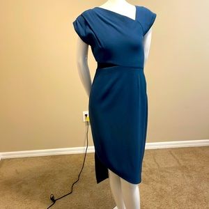 Vintage Rachel Roy Couture 4. Blue wool asymmetrical dress NWOT cut out waist